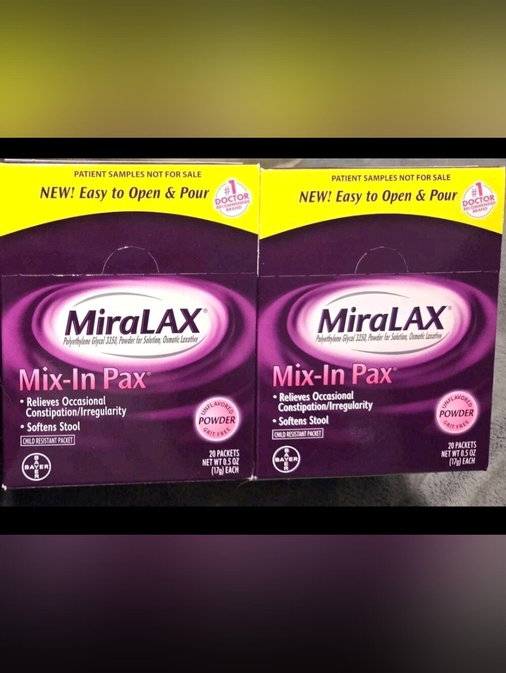 MiraLAX Mix-In Pax Packs 40 Total Grit Free Unflavored New 1/28 (2 Boxes of 20)